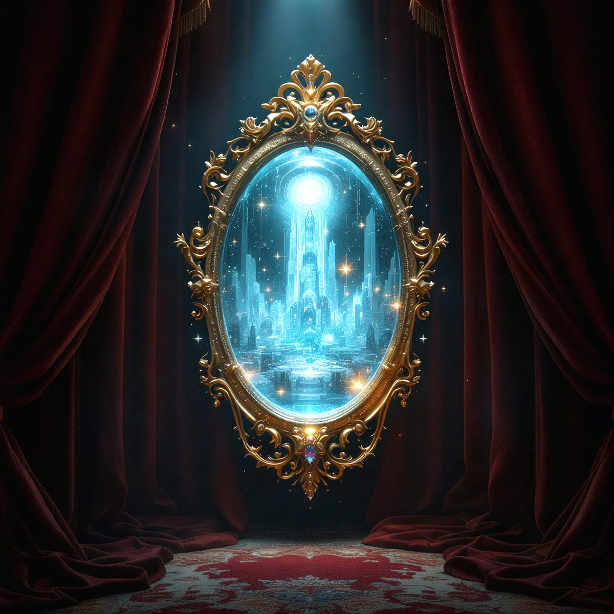 The primary subject of the image is a large, ornate mirror with a blue and gold frame. The mirror is set against a red curtain, creating a dramatic and visually striking scene. The visual style of the image is digital art, as it appears to be a computer-generated or digitally manipulated image. The colors and mood of the image are predominantly blue and gold, giving it a luxurious and elegant appearance.